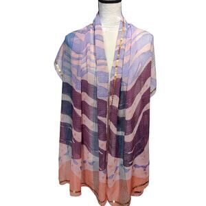Chicos Abstract Art to Wear Sheer Scarf Shawl Sequin Trim Peach Blue Purple